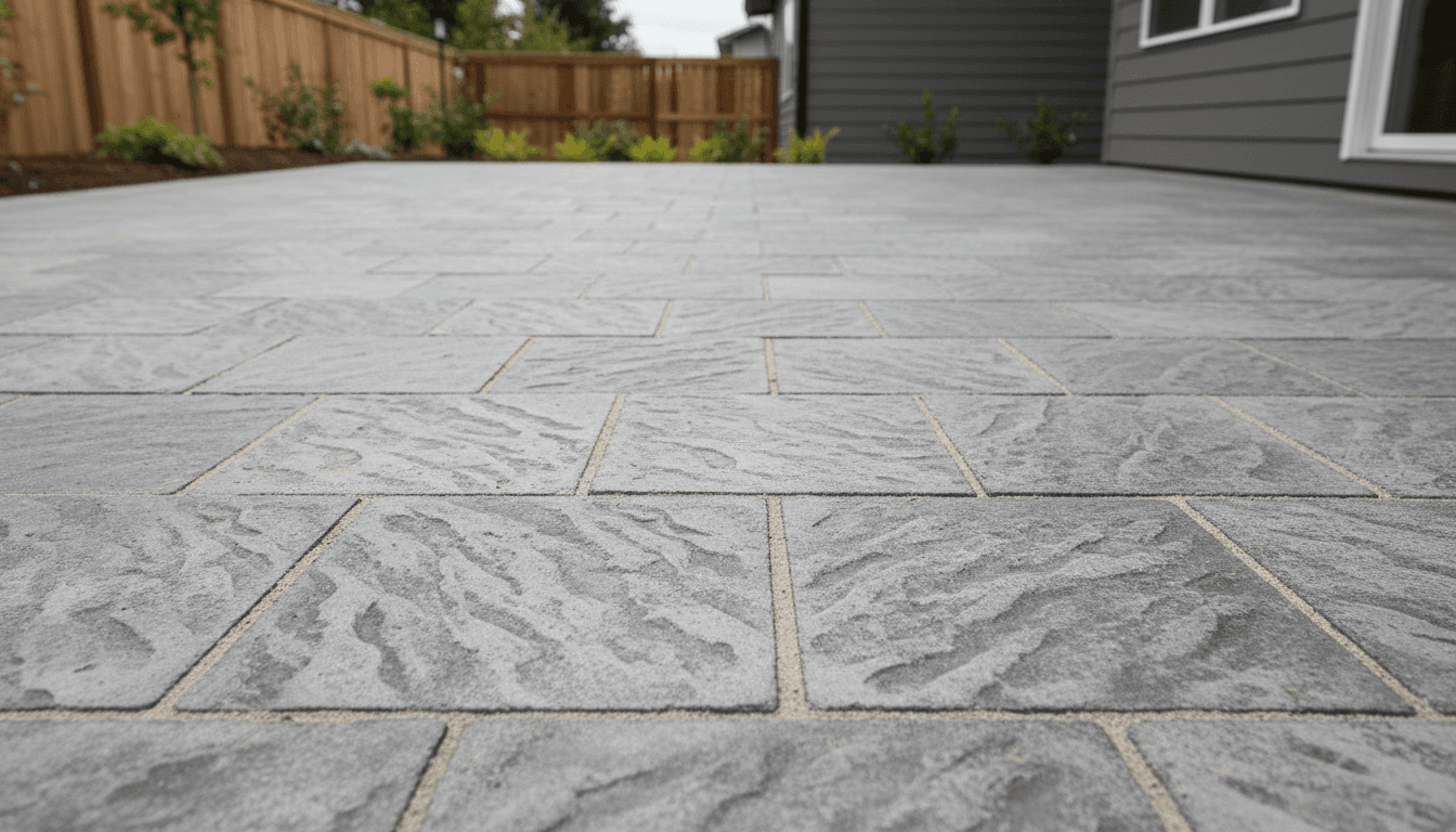 Origins slate-textured paving stones on a backyard patio — Daedalus Contracting, Lower Mainland BC