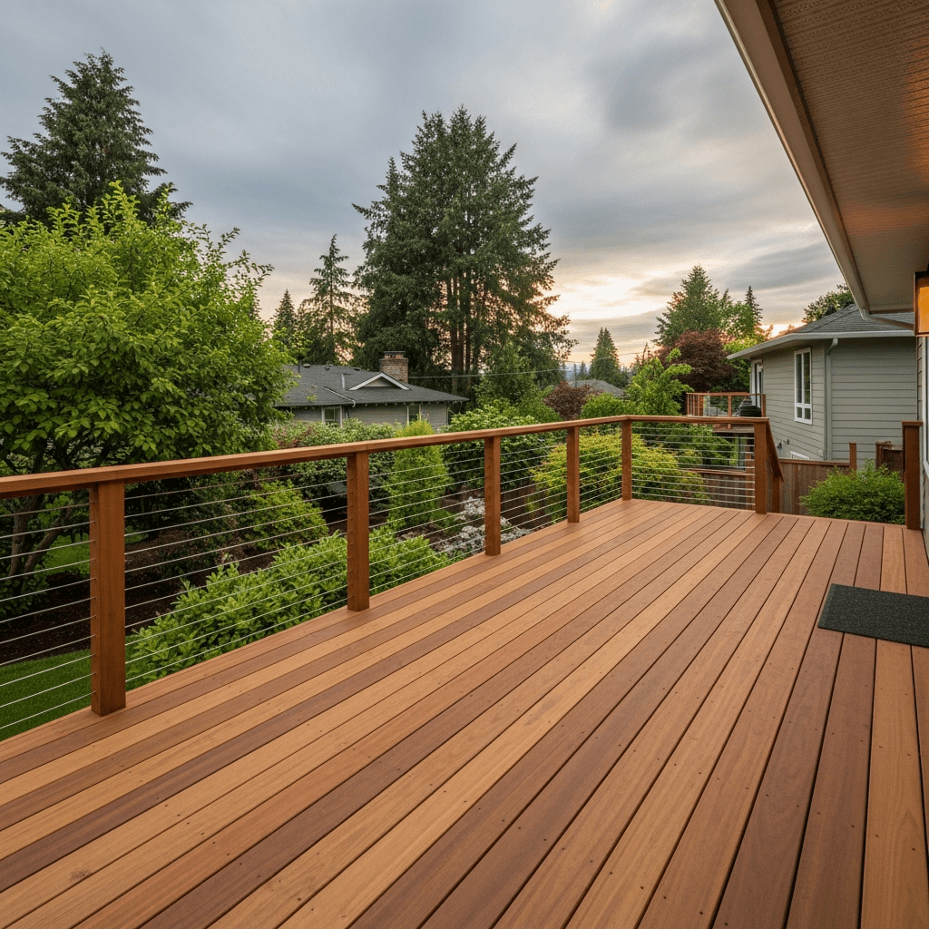 Natural cedar deck with warm stain finish in a BC backyard