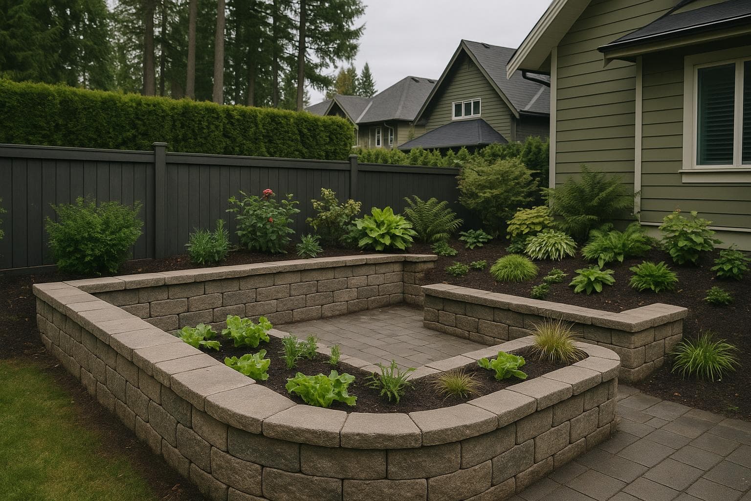 Seat-height block raised garden beds planted with vegetables and dahlias around a paving stone patio in a Lower Mainland backyard