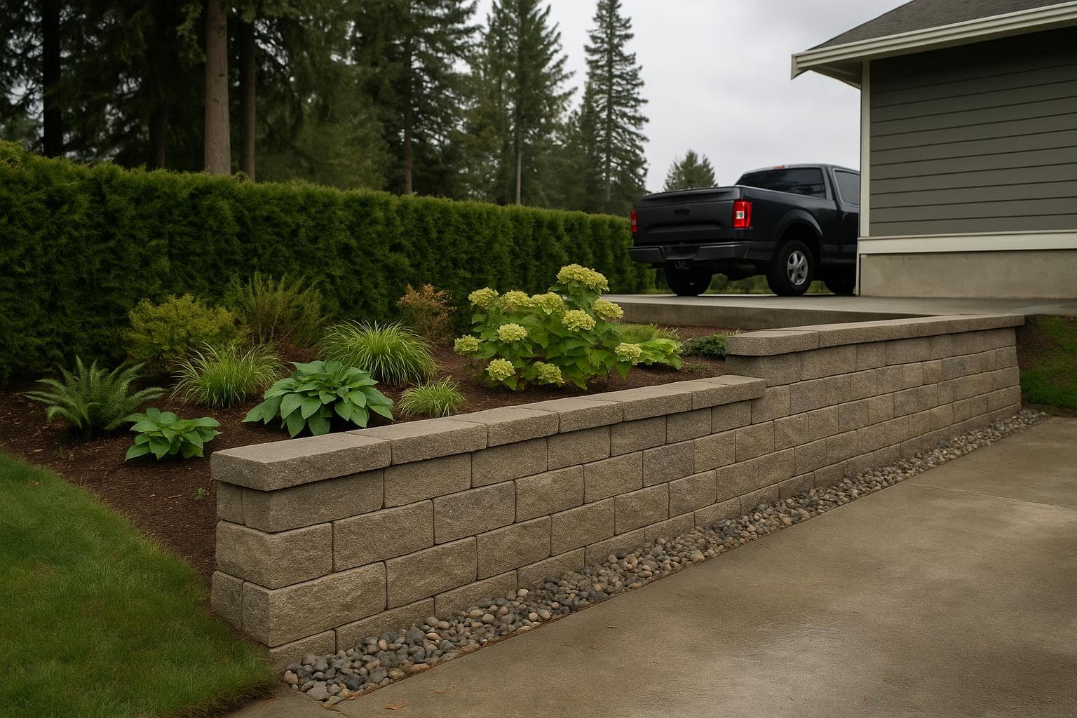 Retaining wall blocks holding up a raised concrete driveway with a pickup truck parked above the wall — Lower Mainland BC