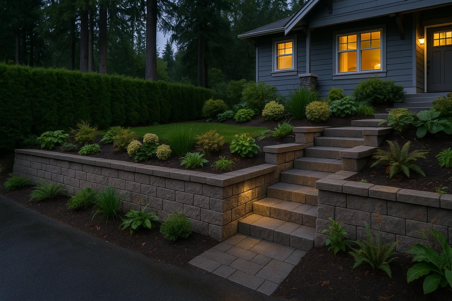 Segmental block retaining wall with built-in stairs and low-voltage lighting at dusk in front of a Lower Mainland craftsman home