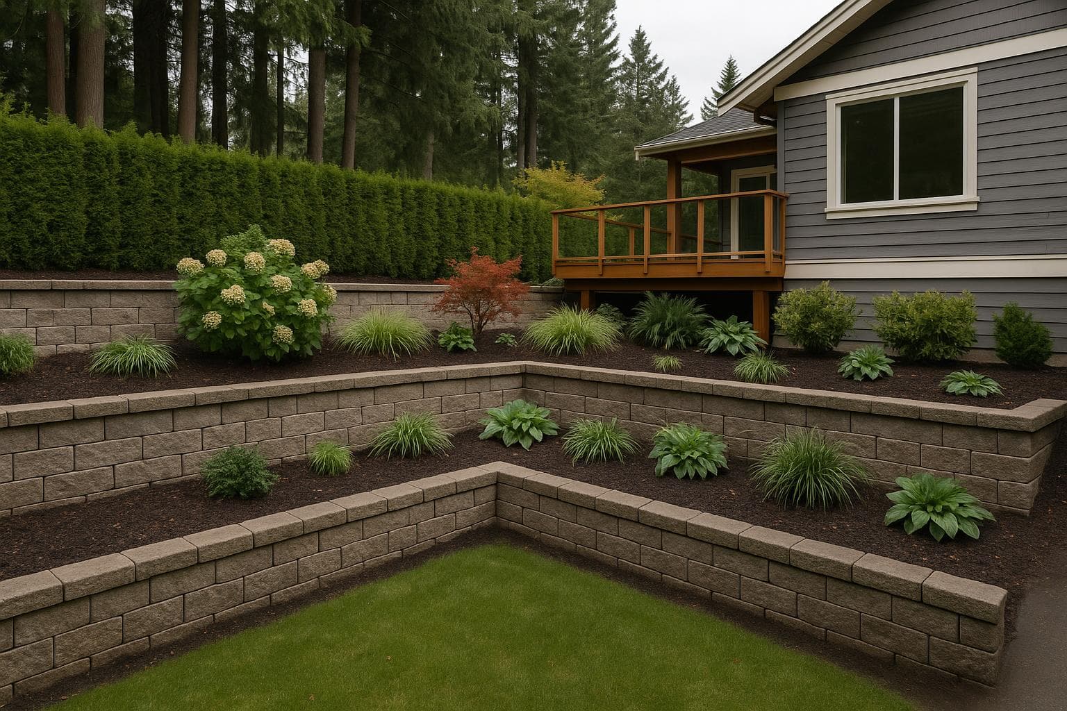 Two-tier terraced retaining wall with hydrangeas and a Japanese maple on the planted bench below a craftsman home's deck — Lower Mainland BC