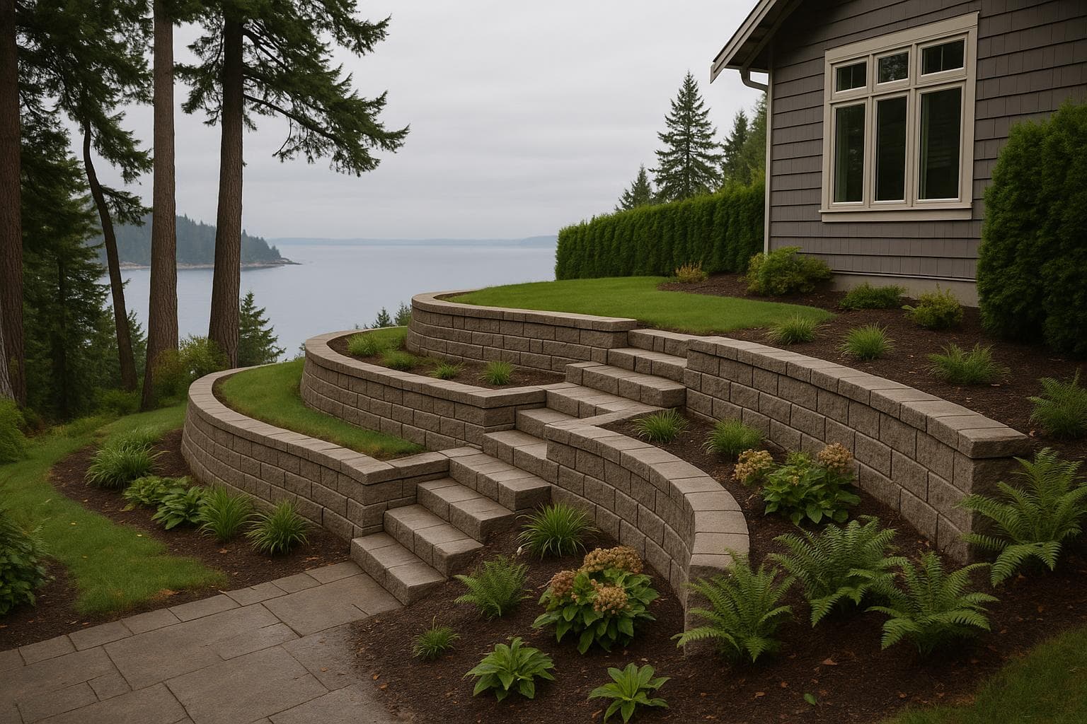 Curved terraced retaining walls with block stairways stepping down a coastal BC hillside toward the ocean