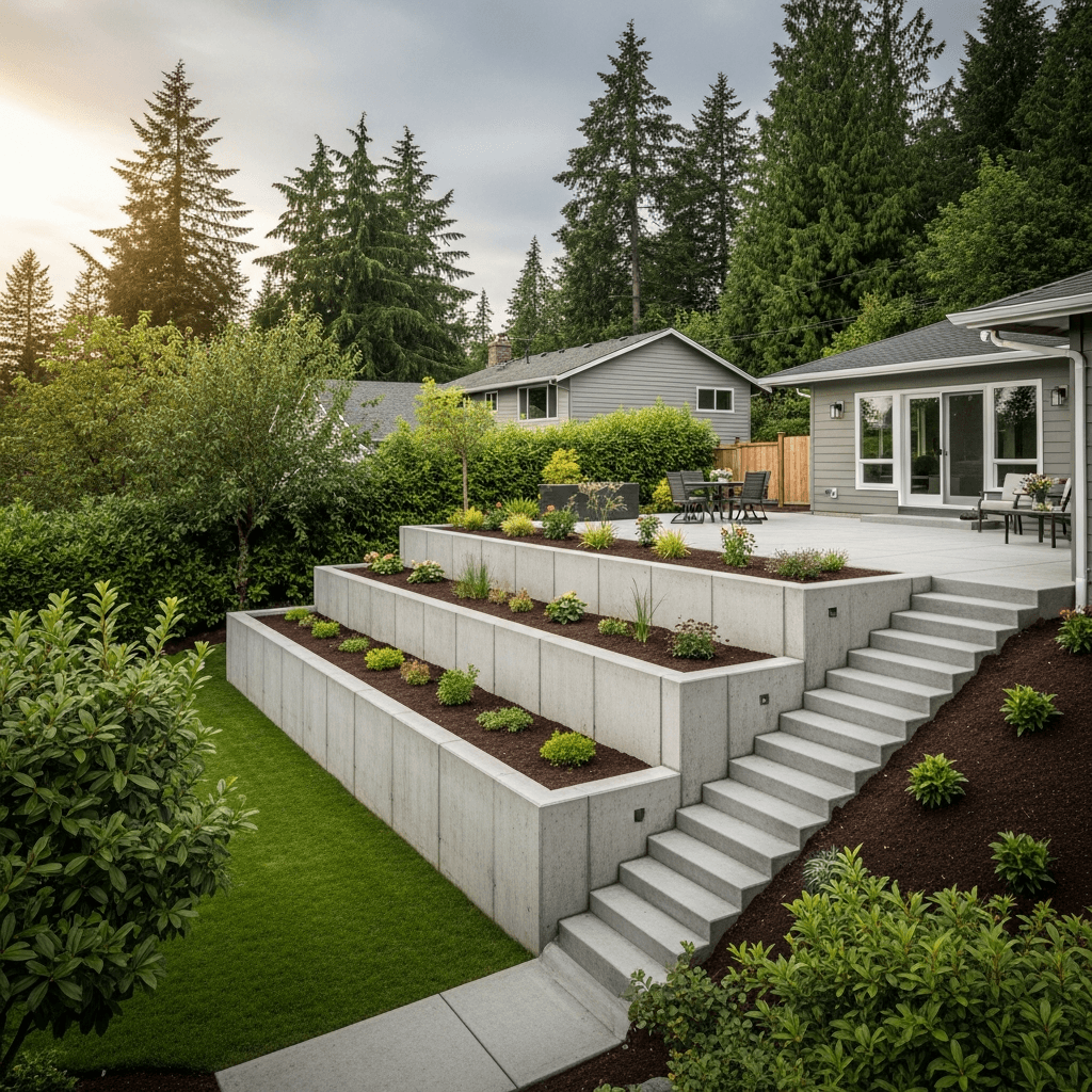 Poured concrete retaining wall with terraced landscaping in the Lower Mainland