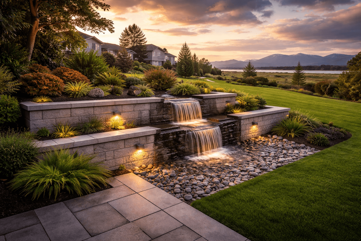 Design concept: Tiered Retaining Wall with Waterfall Feature on a residential property in Richmond, British Columbia. Hardscaping inspiration by Daedalus Contracting.
