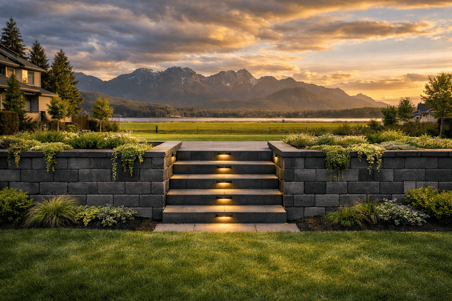 Design concept: Stacked Block Retaining Wall with Staircase on a residential property in Pitt Meadows, British Columbia. Hardscaping inspiration by Daedalus Contracting.