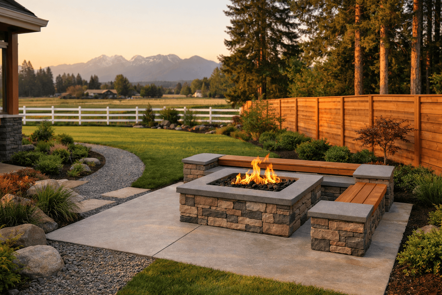 Design concept: Complete backyard transformation on a residential property in Langley, British Columbia. Hardscaping inspiration by Daedalus Contracting.