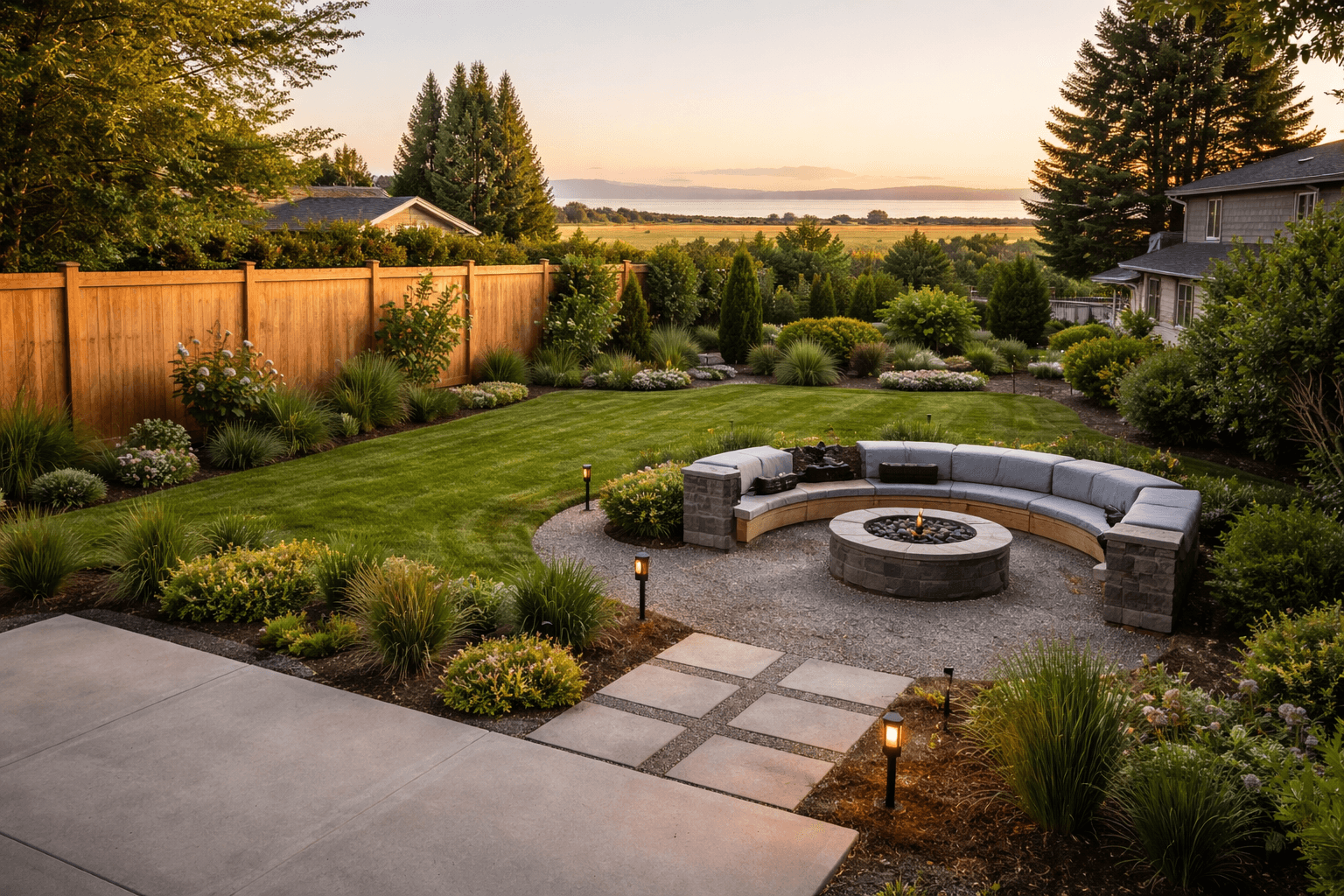 Design concept: Complete backyard transformation on a residential property in Delta, British Columbia. Hardscaping inspiration by Daedalus Contracting.