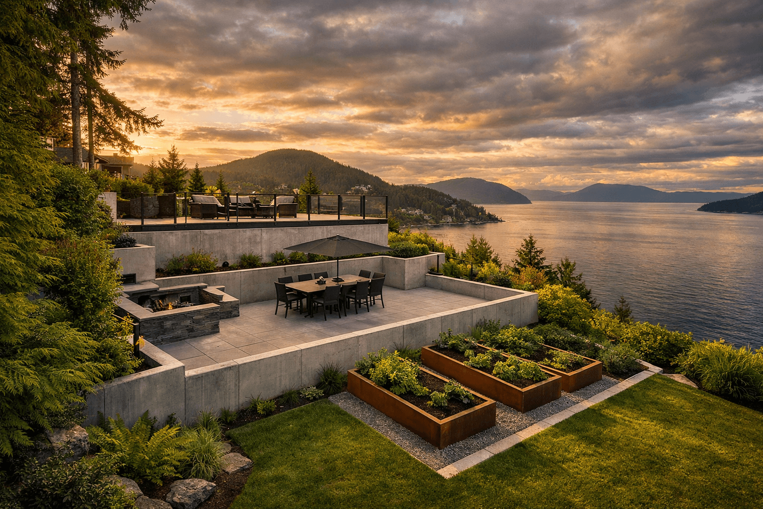 Design concept: Terraced Hillside Backyard Renovation on a residential property in West Vancouver, British Columbia. Hardscaping inspiration by Daedalus Contracting.