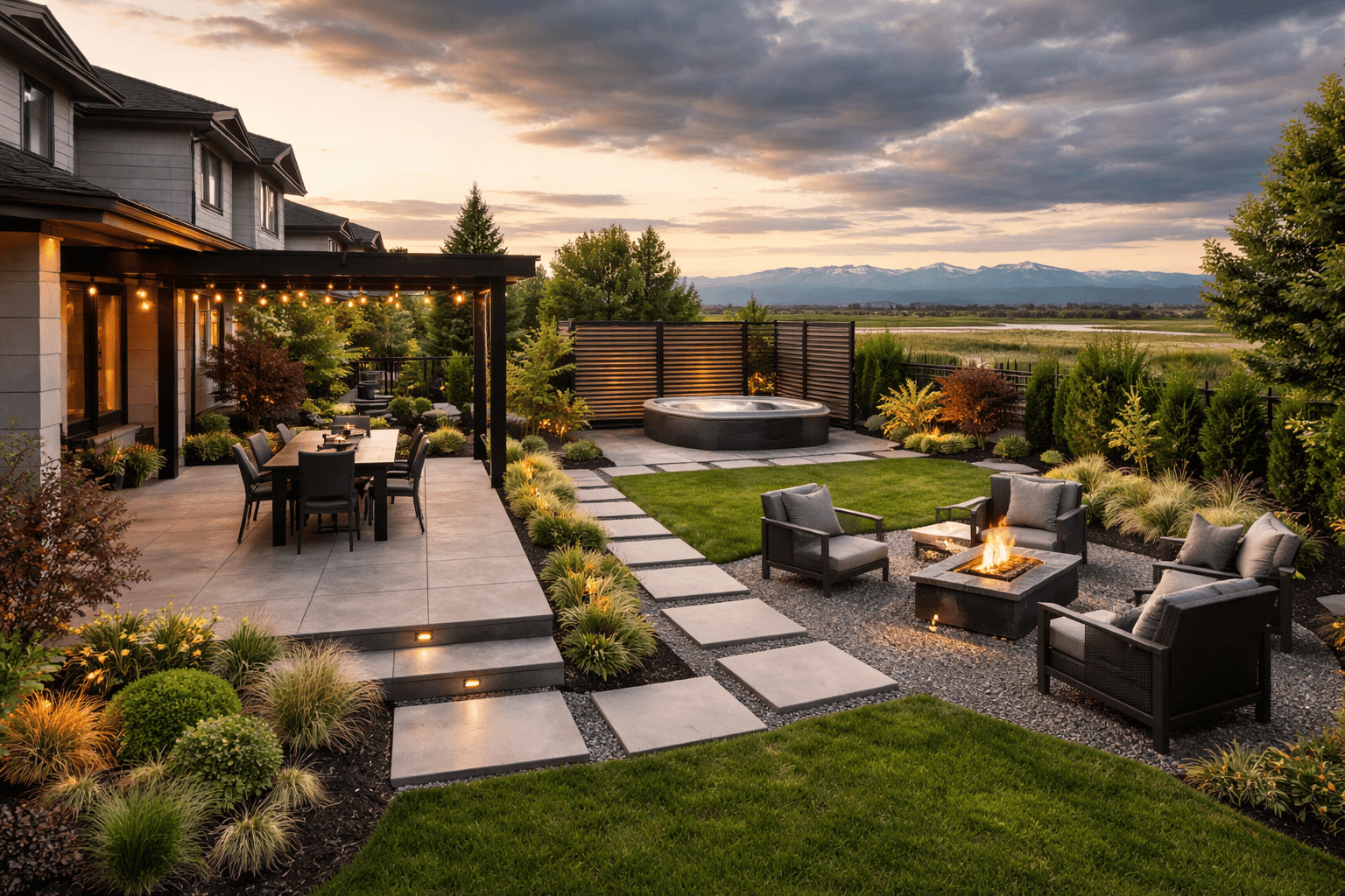 Design concept: Multi-Zone Backyard Transformation on a residential property in Richmond, British Columbia. Hardscaping inspiration by Daedalus Contracting.