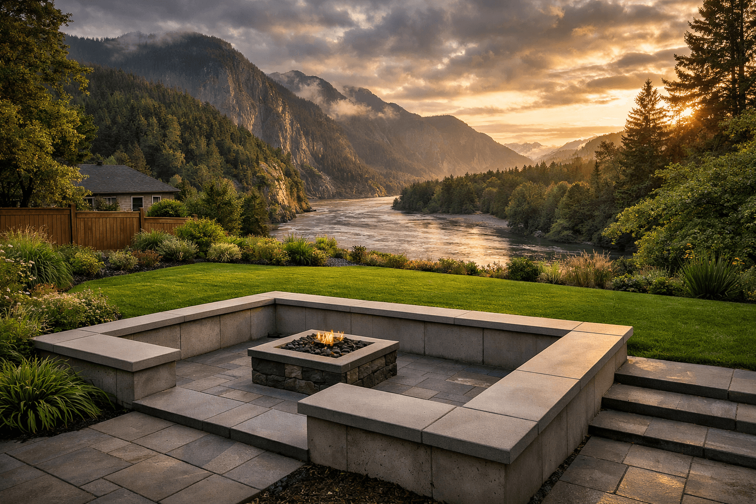 Design concept: Low Garden Retaining Wall with Seat Cap on a residential property in Hope, British Columbia. Hardscaping inspiration by Daedalus Contracting.