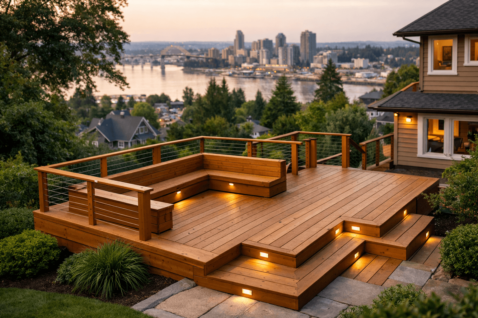 Design concept: Multi-level cedar deck on a residential property in New Westminster, British Columbia. Hardscaping inspiration by Daedalus Contracting.