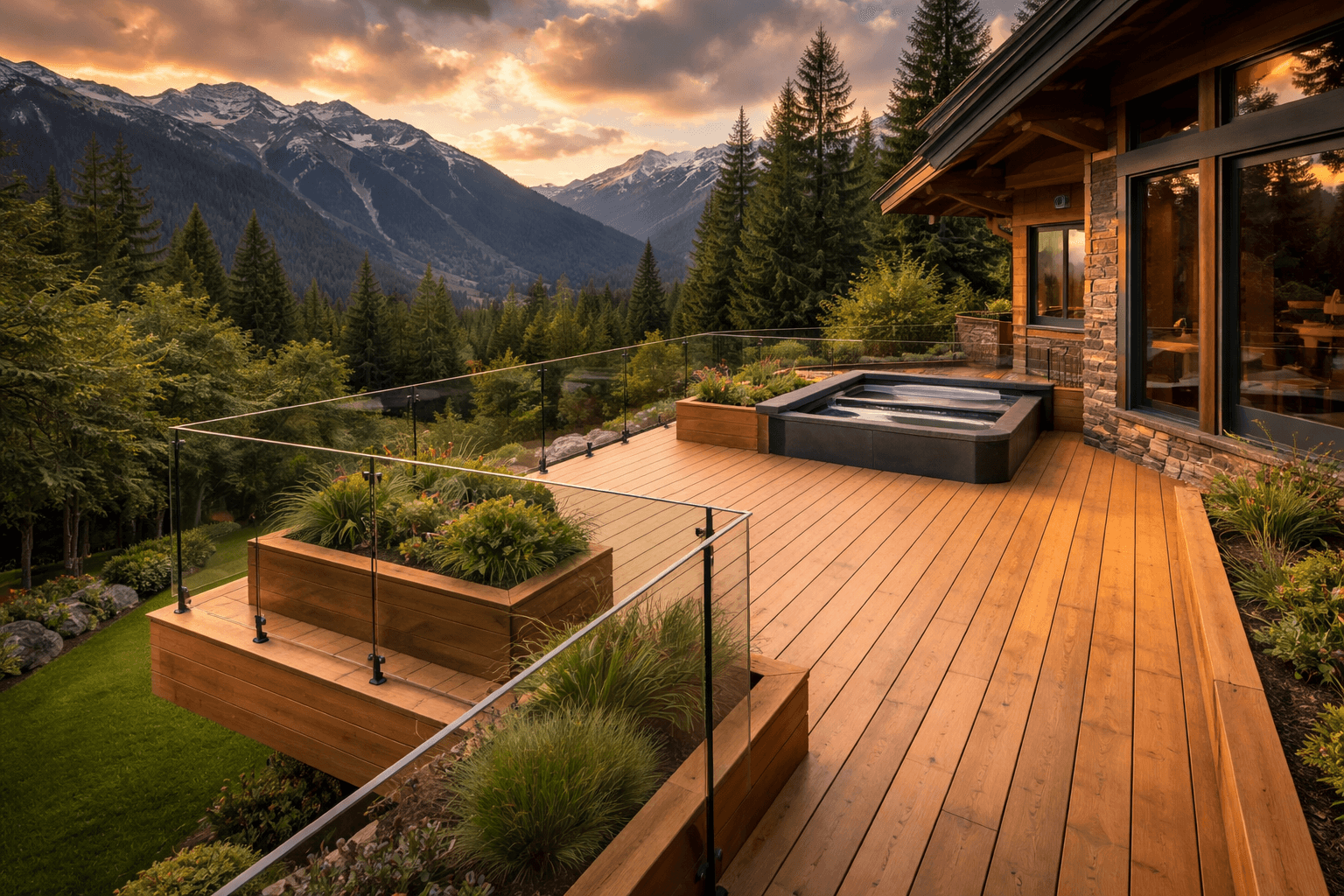 Design concept: Wraparound Cedar Deck with Glass Railing on a residential property in Whistler, British Columbia. Hardscaping inspiration by Daedalus Contracting.