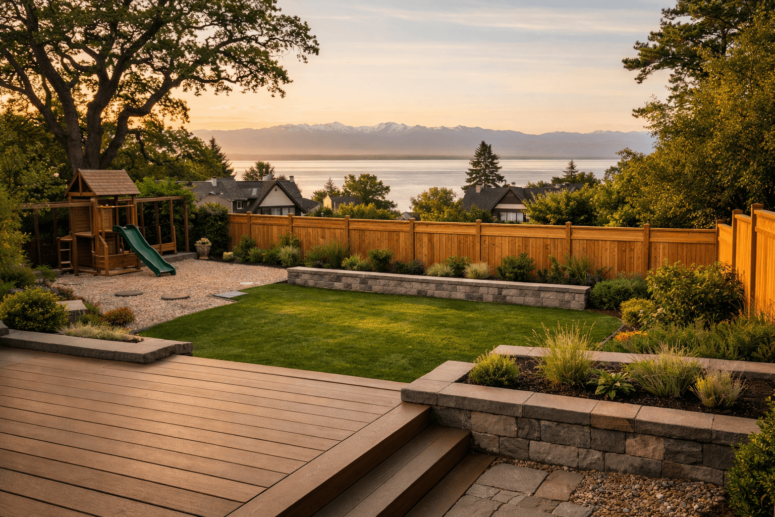 Design concept: Family backyard overhaul on a residential property in Victoria, British Columbia. Hardscaping inspiration by Daedalus Contracting.