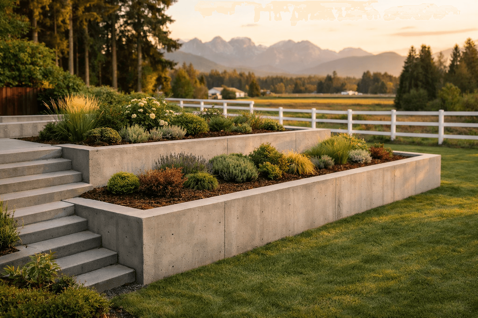 Design concept: Tiered concrete retaining wall on a residential property in Langley, British Columbia. Hardscaping inspiration by Daedalus Contracting.