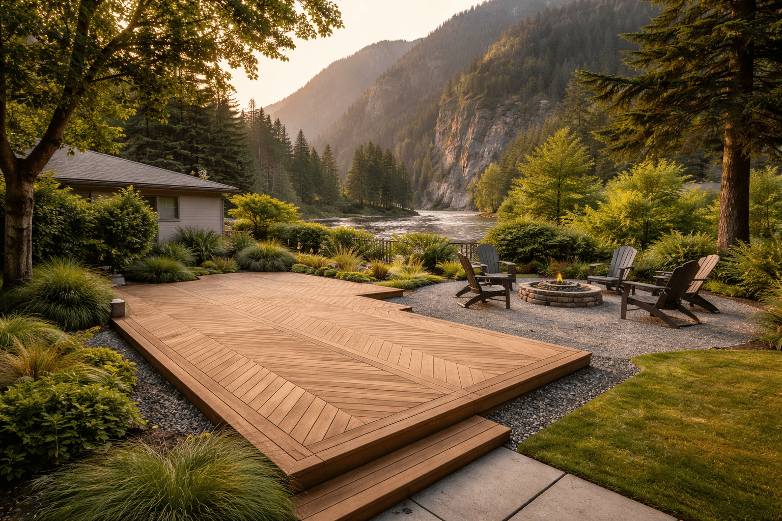 Design concept: Ground-level patio deck on a residential property in Hope, British Columbia. Hardscaping inspiration by Daedalus Contracting.