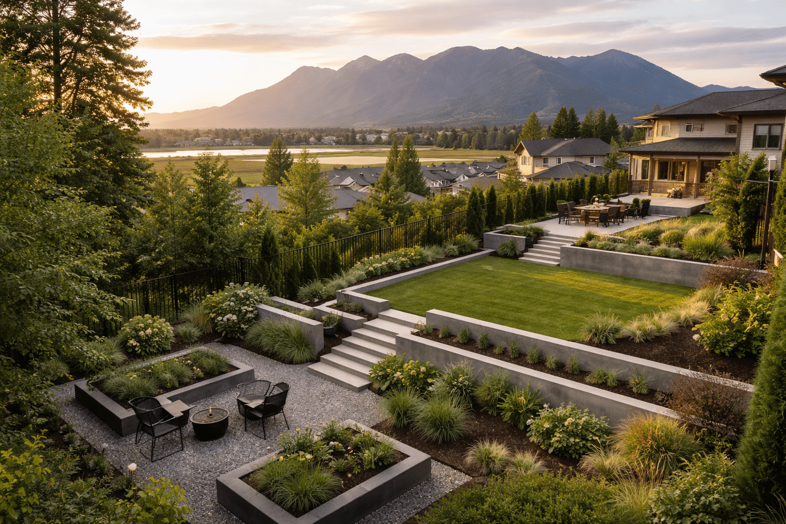 Design concept: Terraced backyard design on a residential property in Pitt Meadows, British Columbia. Hardscaping inspiration by Daedalus Contracting.