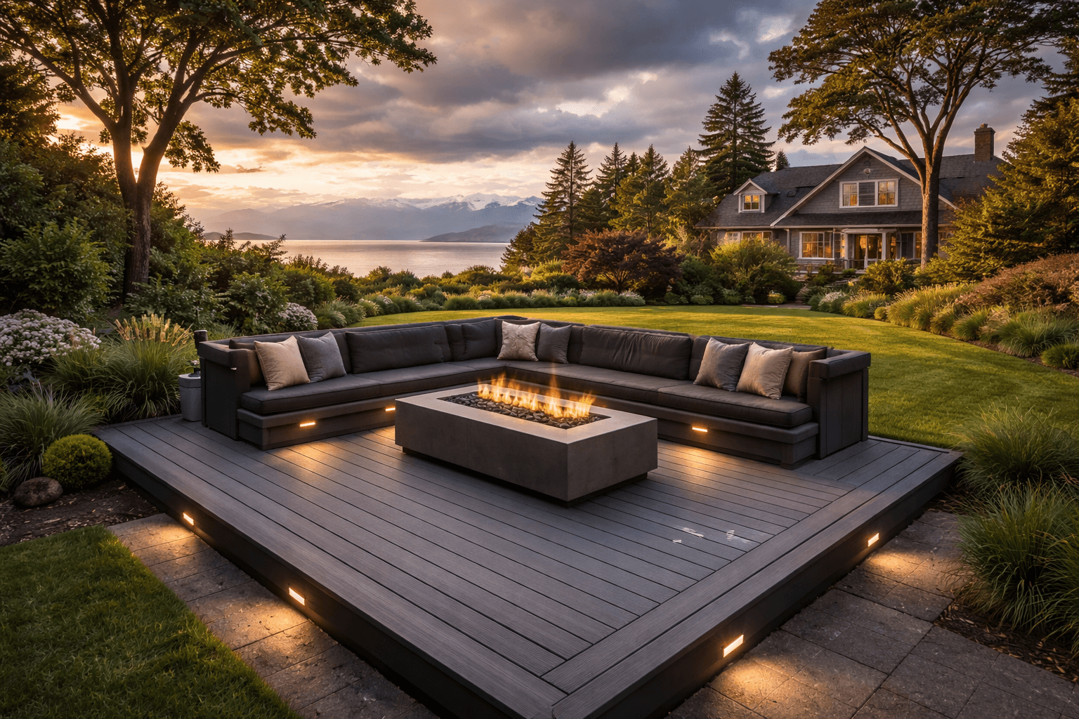 Design concept: Ground-Level Composite Deck with Fire Table on a residential property in Victoria, British Columbia. Hardscaping inspiration by Daedalus Contracting.