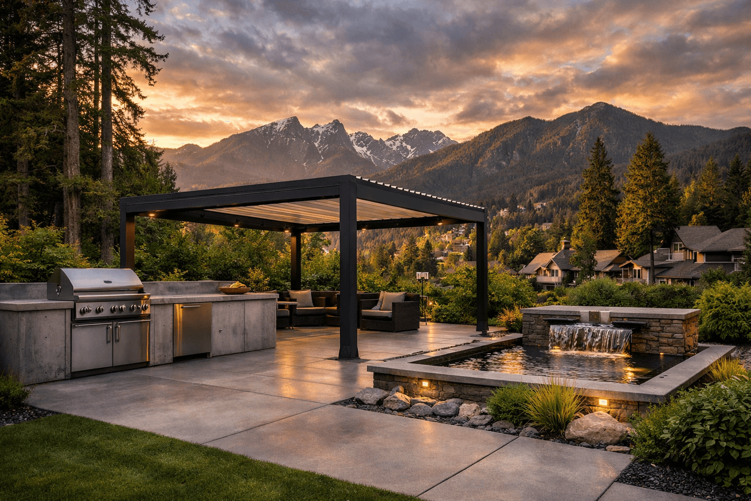 Design concept: Modern Outdoor Living Space with Kitchen on a residential property in North Vancouver, British Columbia. Hardscaping inspiration by Daedalus Contracting.