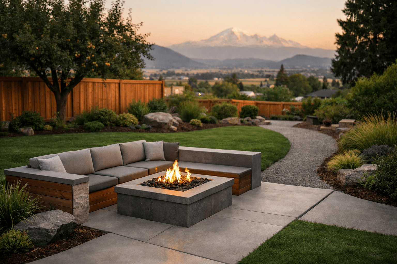 Design concept: Complete backyard transformation on a residential property in Abbotsford, British Columbia. Hardscaping inspiration by Daedalus Contracting.