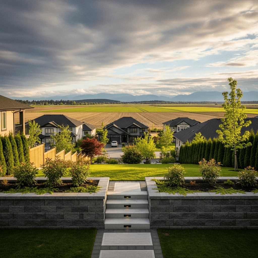 Design concept: Stacked Block Retaining Wall with Staircase on a residential property in Surrey, British Columbia. Hardscaping inspiration by Daedalus Contracting.