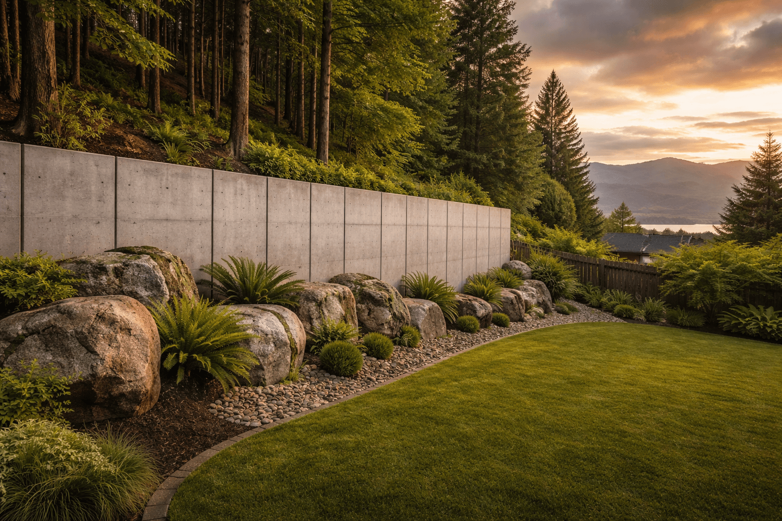 Design concept: Tall Gravity Retaining Wall with Boulder Accents on a residential property in Mission, British Columbia. Hardscaping inspiration by Daedalus Contracting.