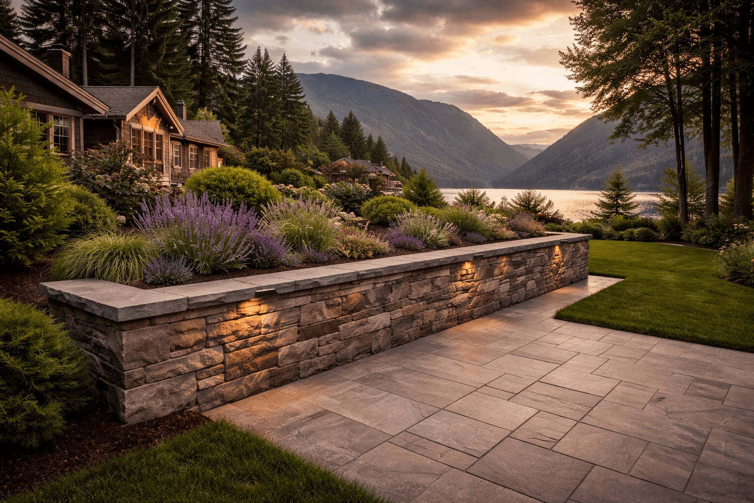 Design concept: Natural Stone-Faced Retaining Wall on a residential property in Harrison Hot Springs, British Columbia. Hardscaping inspiration by Daedalus Contracting.