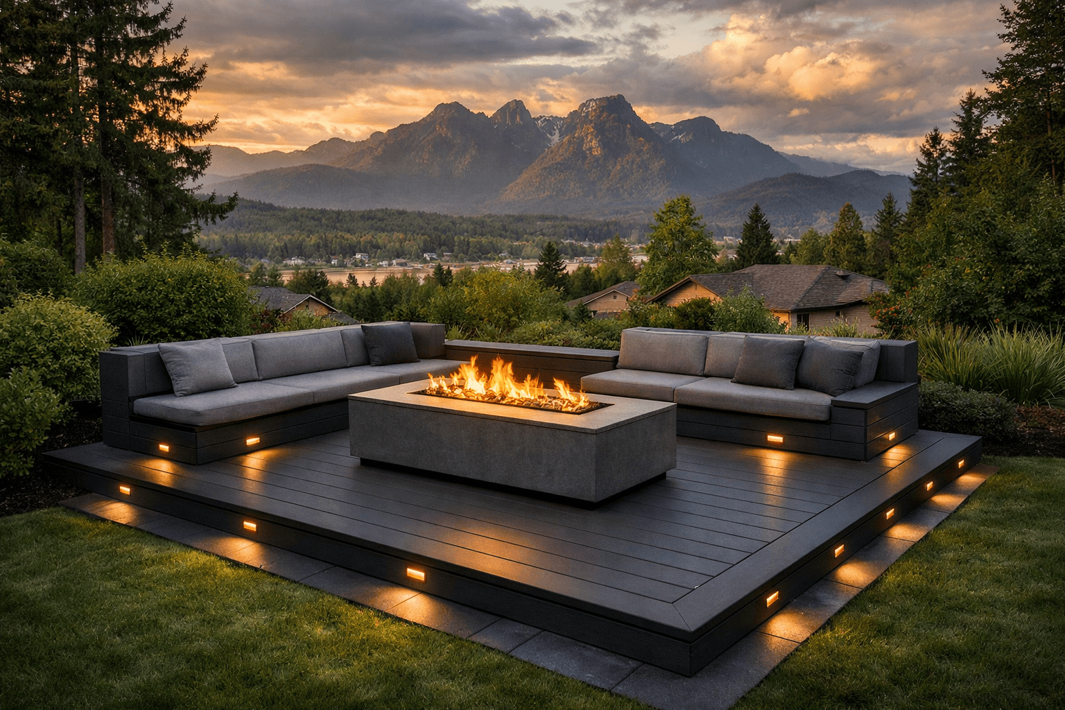 Design concept: Ground-Level Composite Deck with Fire Table on a residential property in Maple Ridge, British Columbia. Hardscaping inspiration by Daedalus Contracting.