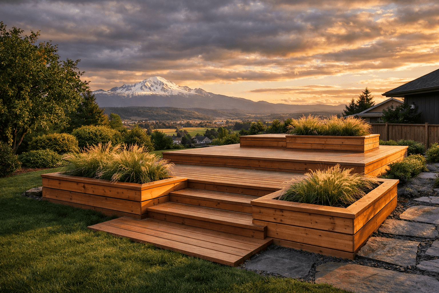 Design concept: Tiered Wood Deck with Built-In Planters on a residential property in Abbotsford, British Columbia. Hardscaping inspiration by Daedalus Contracting.