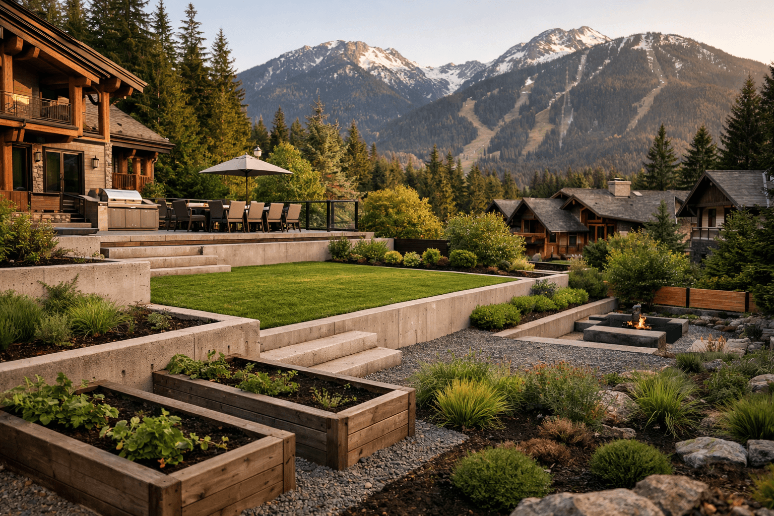 Design concept: Terraced backyard design on a residential property in Whistler, British Columbia. Hardscaping inspiration by Daedalus Contracting.