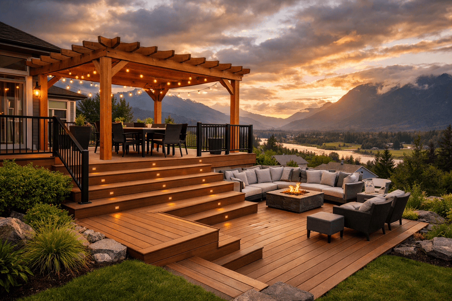 Design concept: Multi-Level Composite Deck with Pergola on a residential property in Chilliwack, British Columbia. Hardscaping inspiration by Daedalus Contracting.
