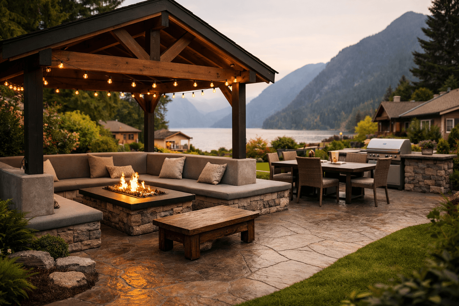 Design concept: Outdoor living room setup on a residential property in Harrison Hot Springs, British Columbia. Hardscaping inspiration by Daedalus Contracting.