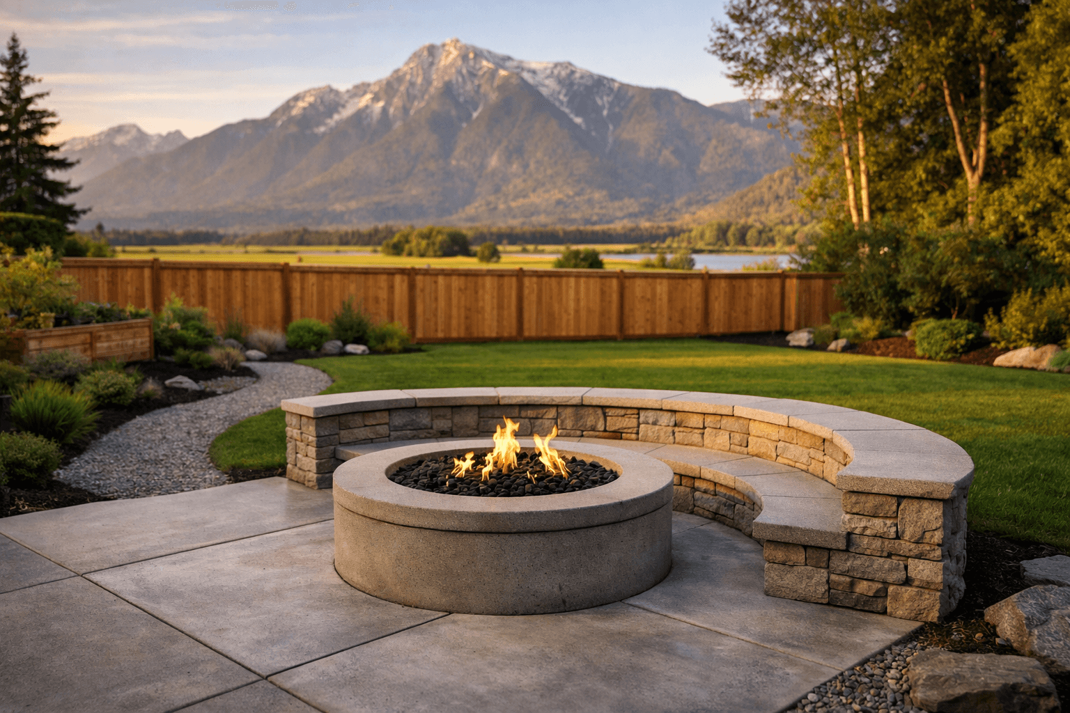 Design concept: Complete backyard transformation on a residential property in Kent, British Columbia. Hardscaping inspiration by Daedalus Contracting.