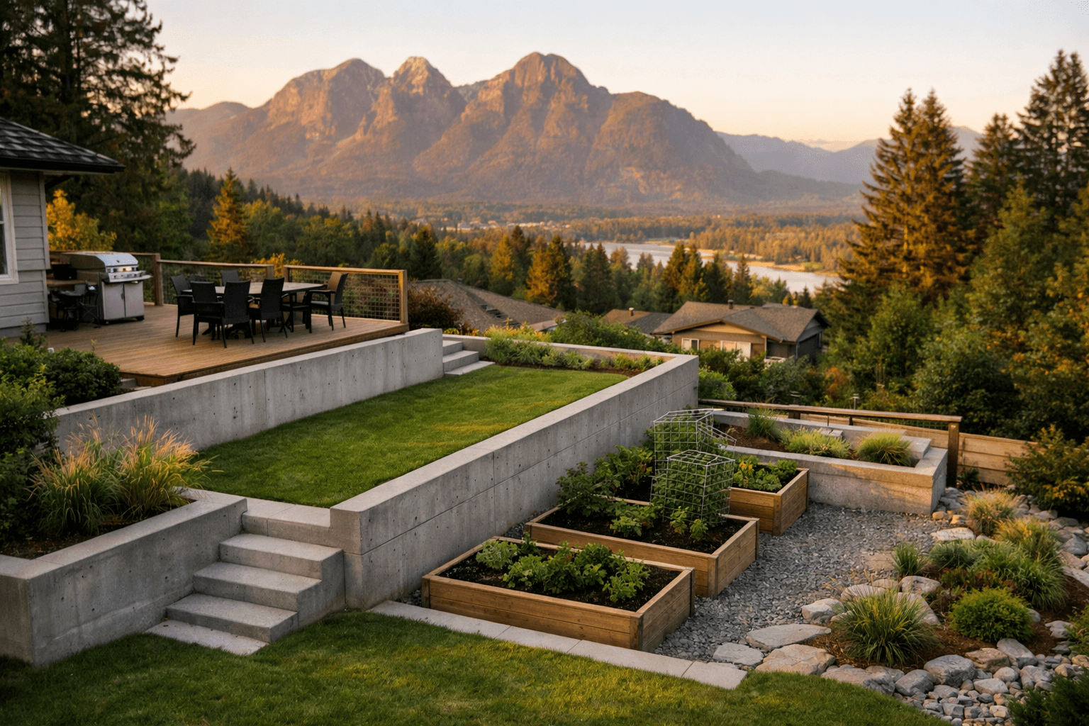 Design concept: Terraced backyard design on a residential property in Maple Ridge, British Columbia. Hardscaping inspiration by Daedalus Contracting.