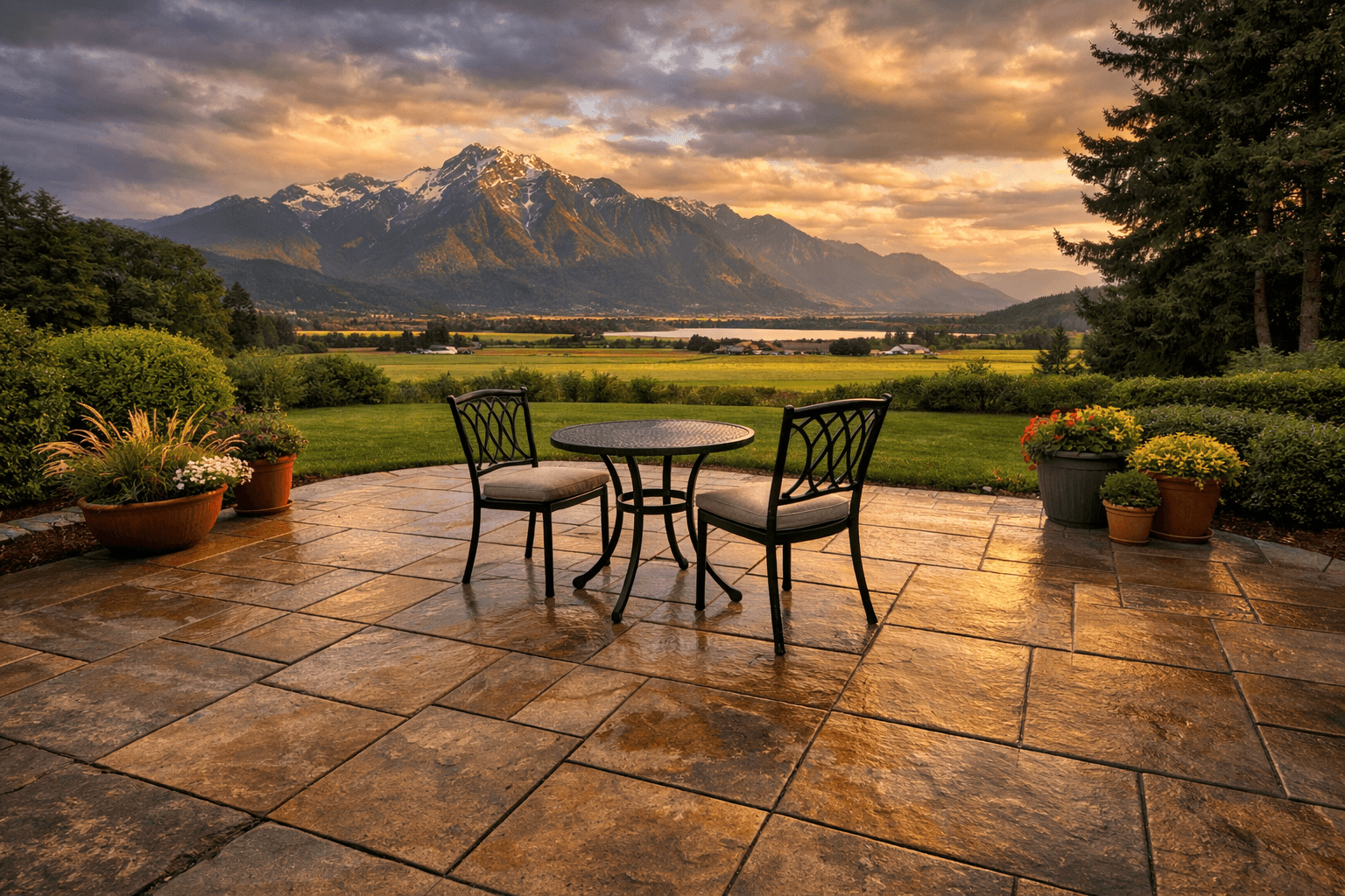 Design concept: Stamped Concrete Patio with Ashlar Pattern on a residential property in Kent, British Columbia. Hardscaping inspiration by Daedalus Contracting.