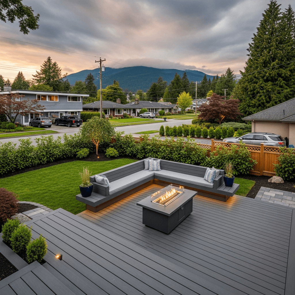 Design concept: Ground-Level Composite Deck with Fire Table on a residential property in Burnaby, British Columbia. Hardscaping inspiration by Daedalus Contracting.