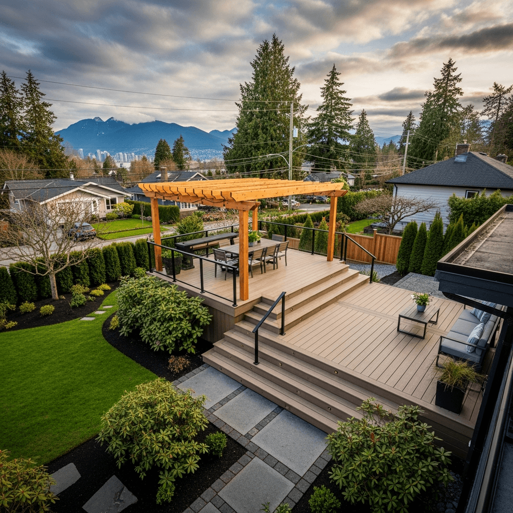 Design concept: Multi-Level Composite Deck with Pergola on a residential property in Vancouver, British Columbia. Hardscaping inspiration by Daedalus Contracting.