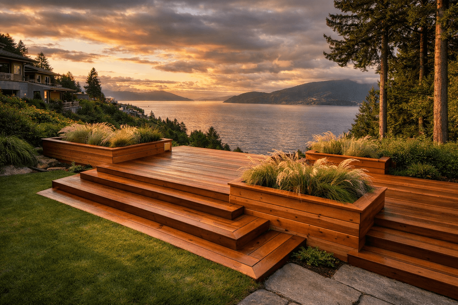 Design concept: Tiered Wood Deck with Built-In Planters on a residential property in West Vancouver, British Columbia. Hardscaping inspiration by Daedalus Contracting.