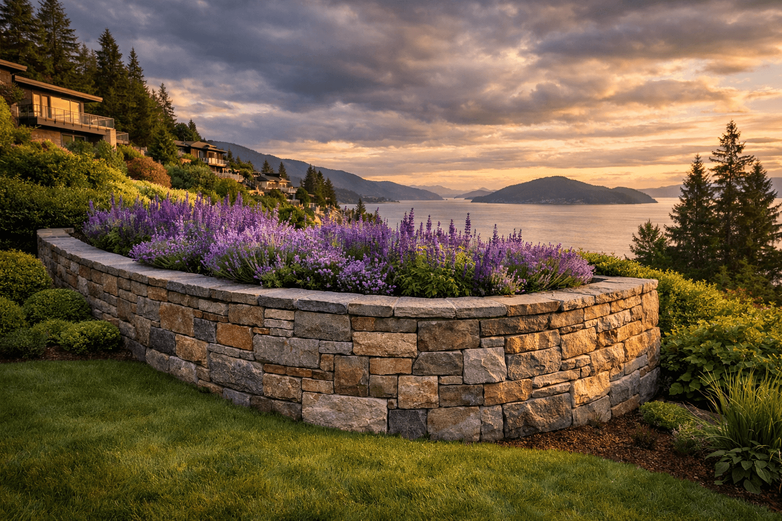 Design concept: Natural Stone-Faced Retaining Wall on a residential property in West Vancouver, British Columbia. Hardscaping inspiration by Daedalus Contracting.