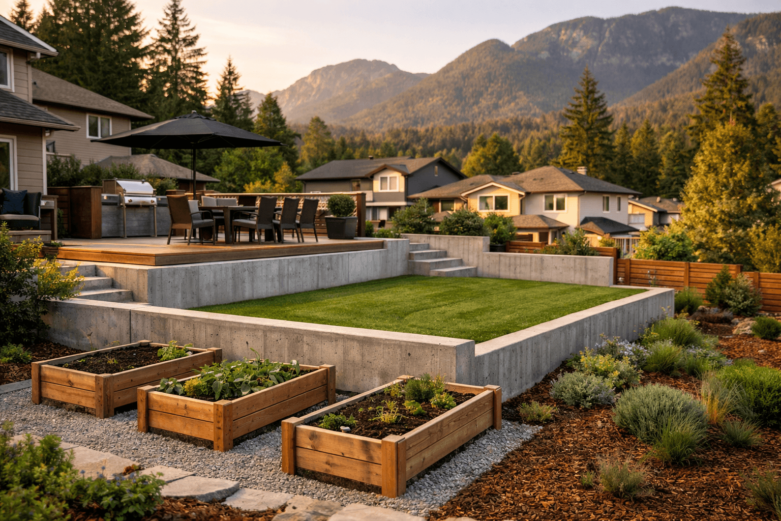 Design concept: Terraced backyard design on a residential property in Coquitlam, British Columbia. Hardscaping inspiration by Daedalus Contracting.