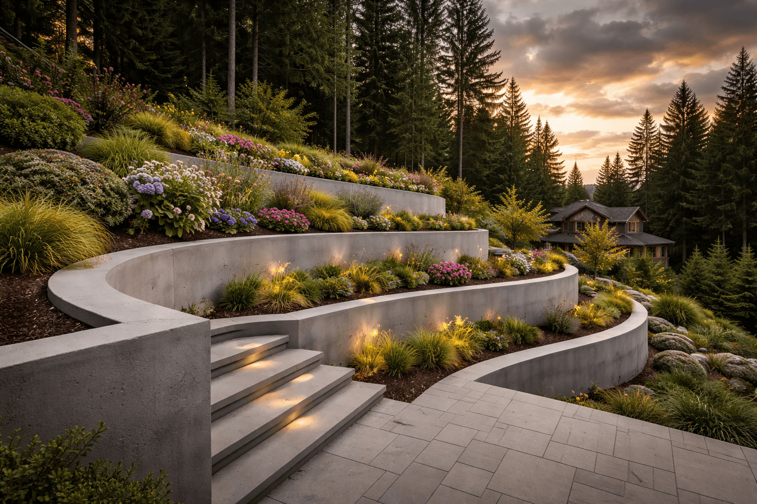 Curved concrete retaining wall with terraced gardens — Daedalus Contracting