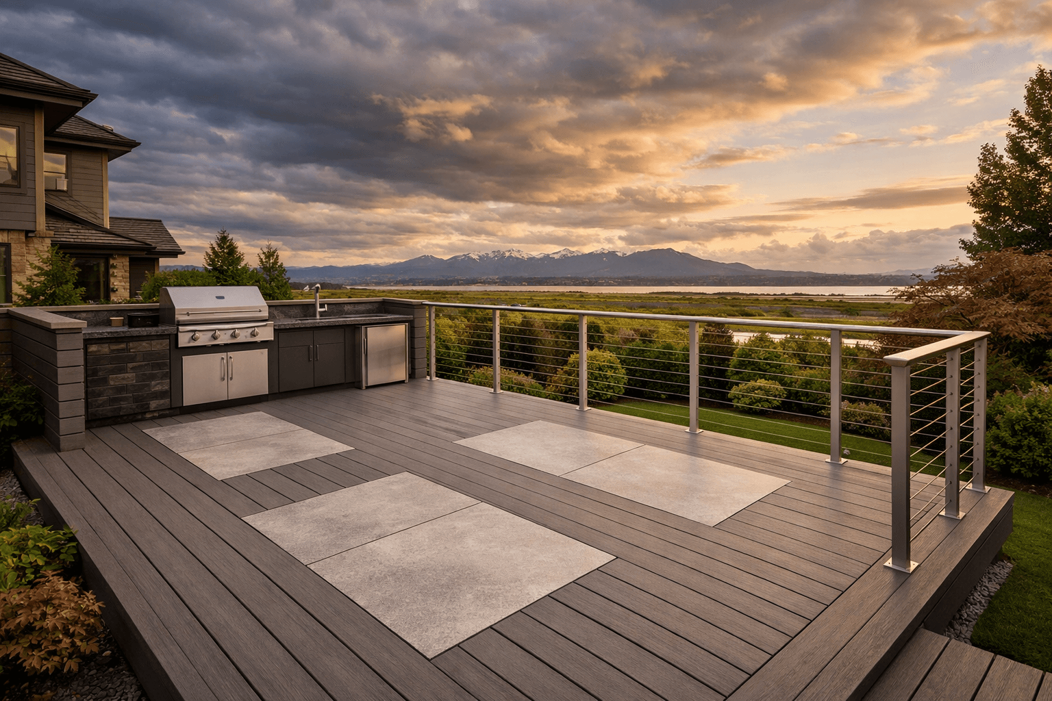 Design concept: Modern Composite Deck with Steel Cable Railing on a residential property in Richmond, British Columbia. Hardscaping inspiration by Daedalus Contracting.