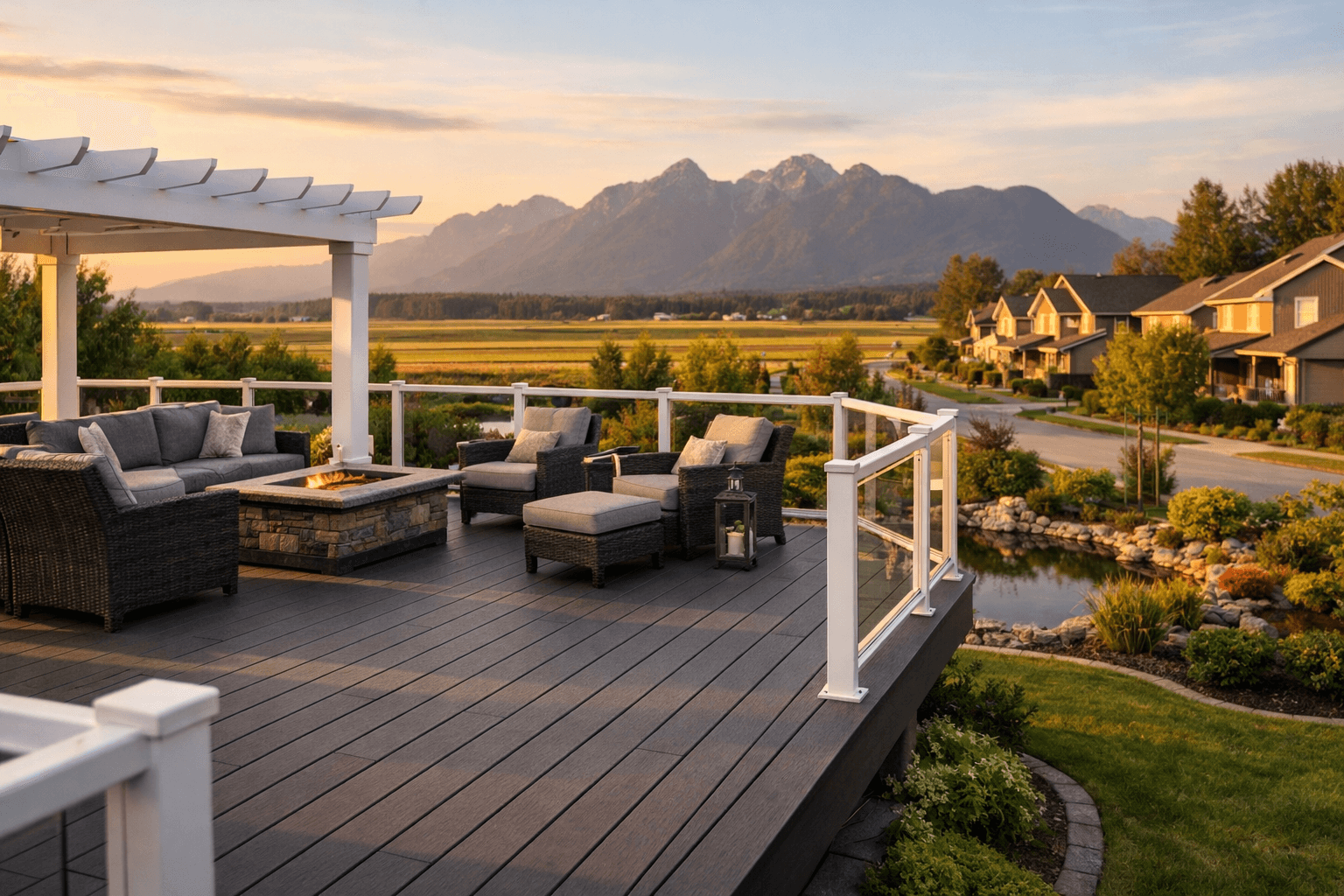 Design concept: Wrap-around composite deck on a residential property in Pitt Meadows, British Columbia. Hardscaping inspiration by Daedalus Contracting.