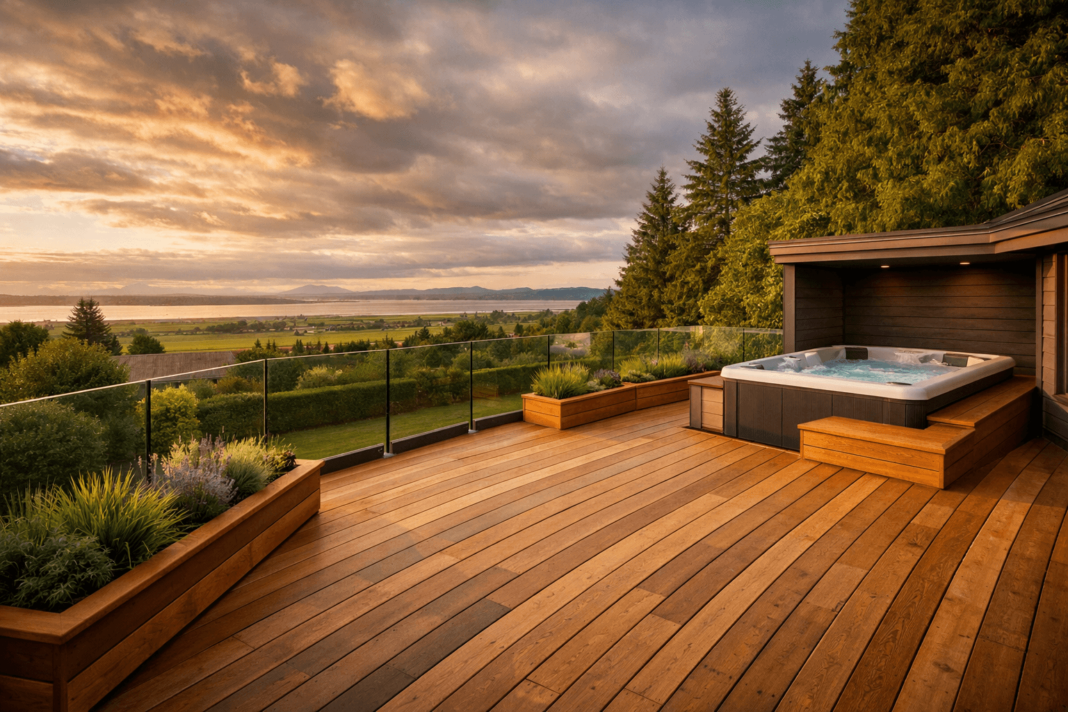 Design concept: Wraparound Cedar Deck with Glass Railing on a residential property in Delta, British Columbia. Hardscaping inspiration by Daedalus Contracting.