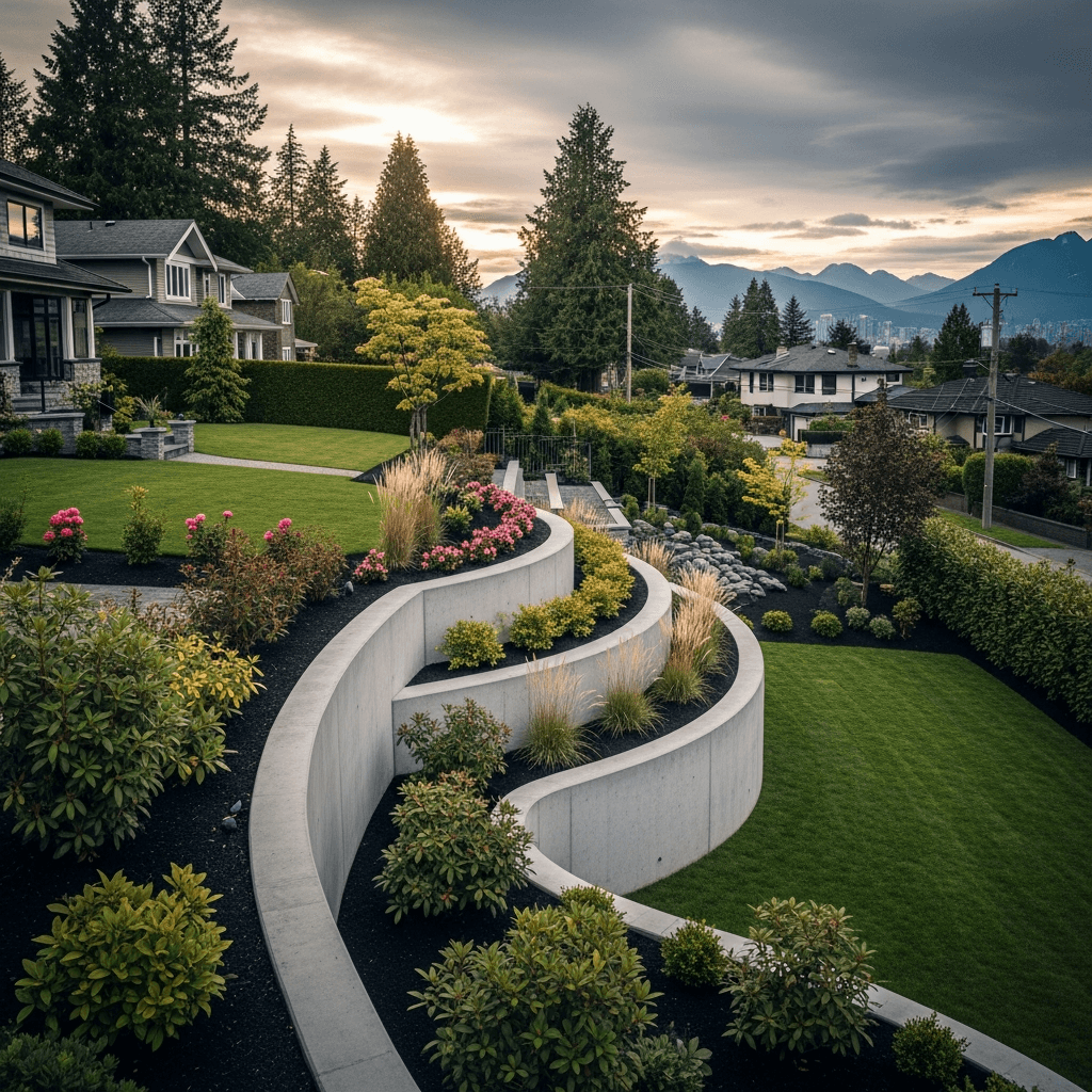 Design concept: Curved Concrete Retaining Wall with Terraced Garden on a residential property in Vancouver, British Columbia. Hardscaping inspiration by Daedalus Contracting.
