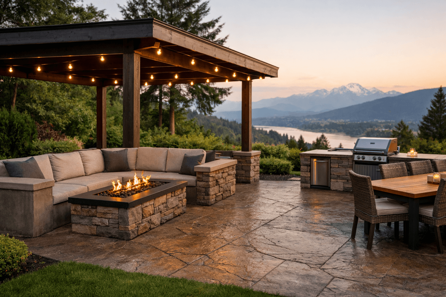 Design concept: Outdoor living room setup on a residential property in Mission, British Columbia. Hardscaping inspiration by Daedalus Contracting.
