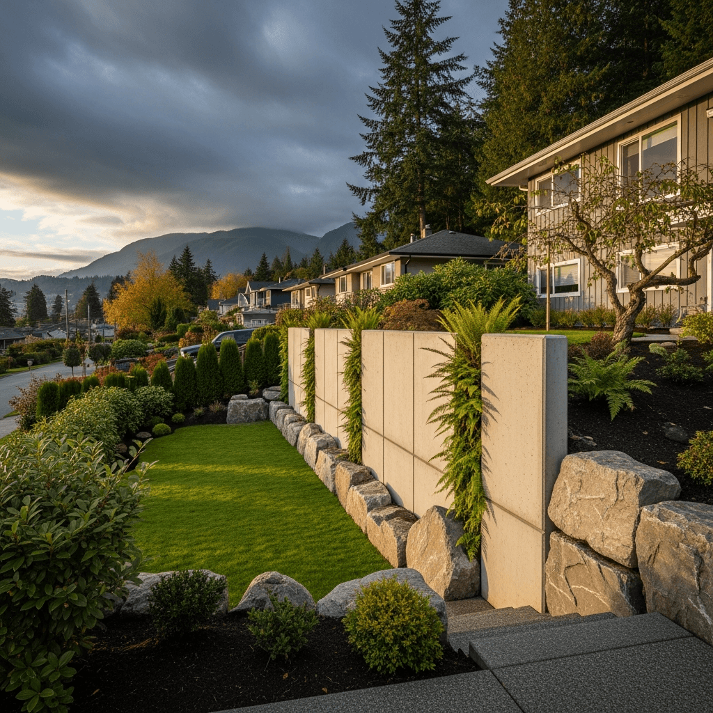 Design concept: Tall Gravity Retaining Wall with Boulder Accents on a residential property in Burnaby, British Columbia. Hardscaping inspiration by Daedalus Contracting.