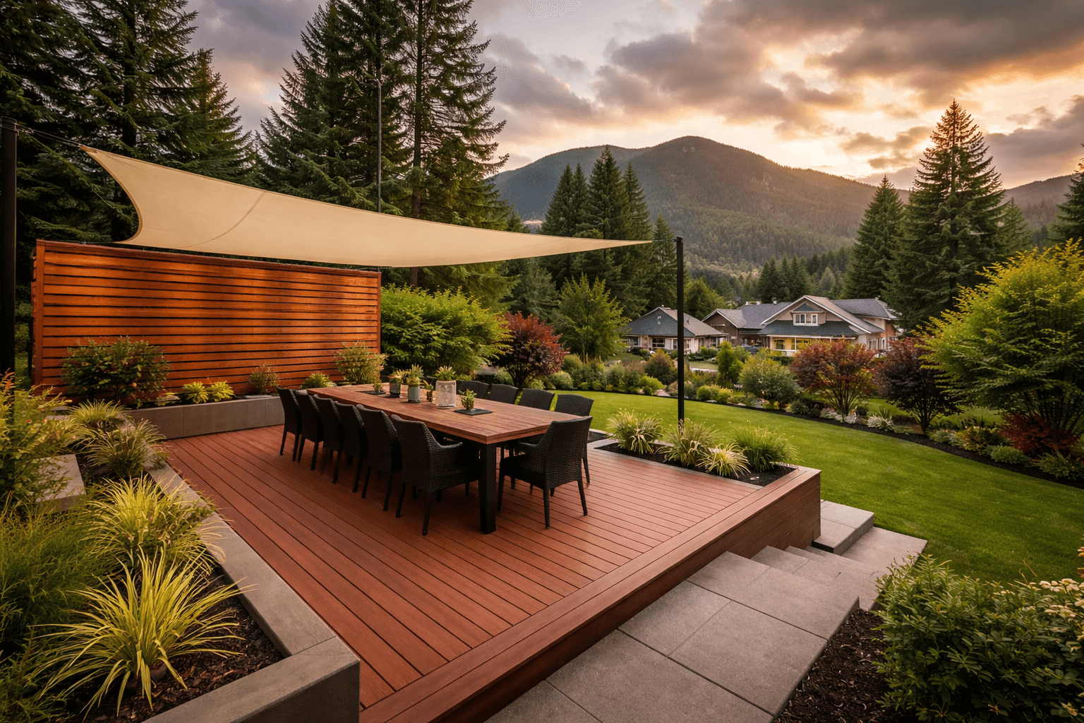 Design concept: Composite Deck with Privacy Screen Wall on a residential property in Coquitlam, British Columbia. Hardscaping inspiration by Daedalus Contracting.