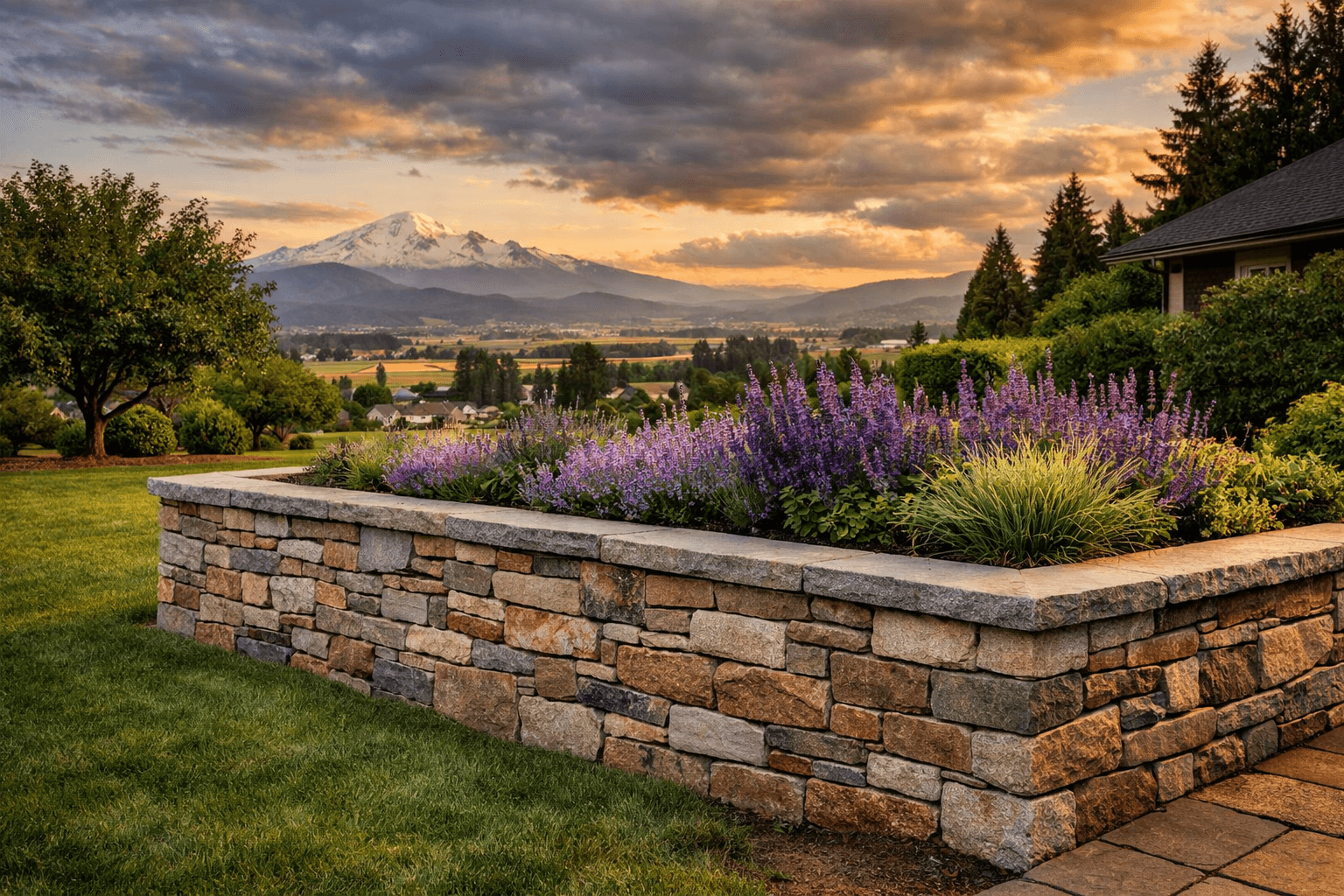 Design concept: Natural Stone-Faced Retaining Wall on a residential property in Abbotsford, British Columbia. Hardscaping inspiration by Daedalus Contracting.