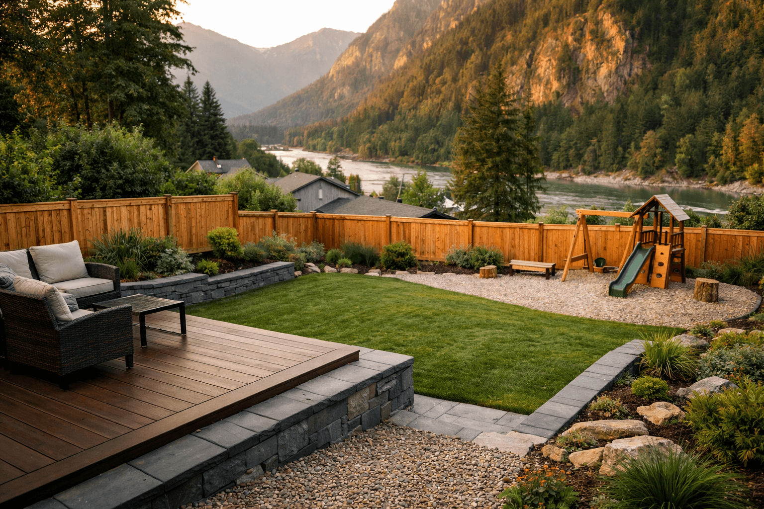 Design concept: Family backyard overhaul on a residential property in Hope, British Columbia. Hardscaping inspiration by Daedalus Contracting.